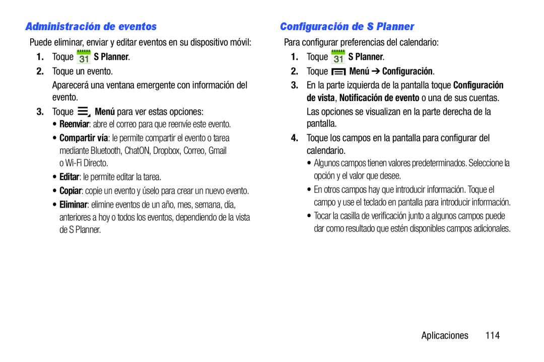 Administración de eventos Configuración de S Planner