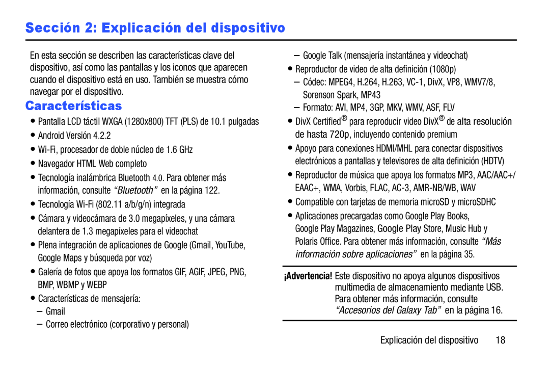 Sección 2: Explicación del dispositivo Galaxy Tab 3 10.1 Wi-Fi