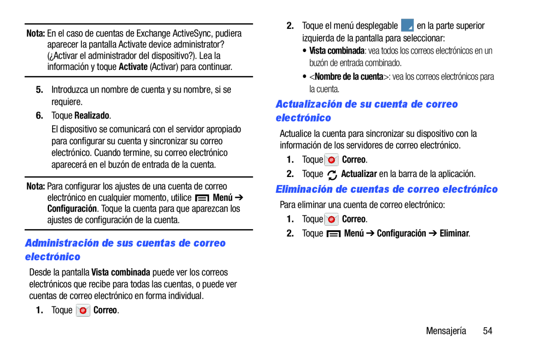 Administración de sus cuentas de correo electrónico Galaxy Tab 3 10.1 Wi-Fi