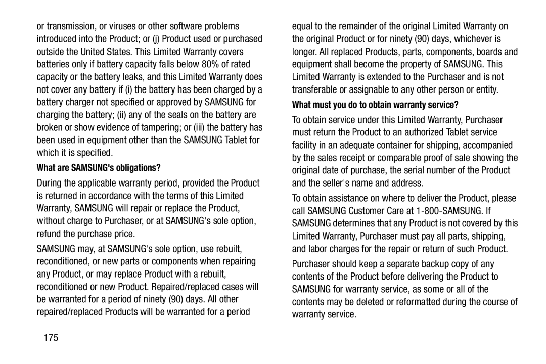 What are SAMSUNG's obligations Galaxy Tab 3 10.1 Wi-Fi