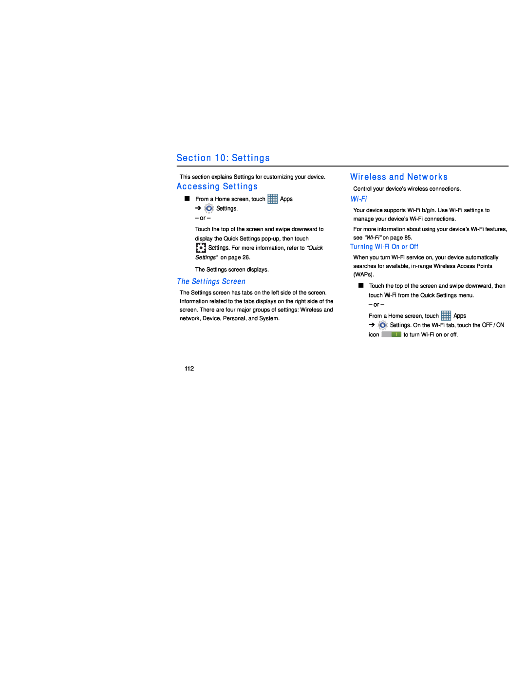 Accessing Settings Wireless and Networks