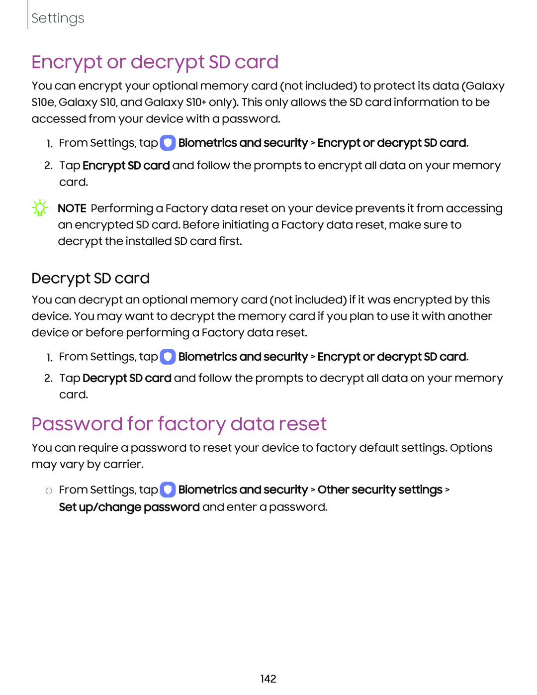 Password for factory data reset Galaxy S10 Verizon