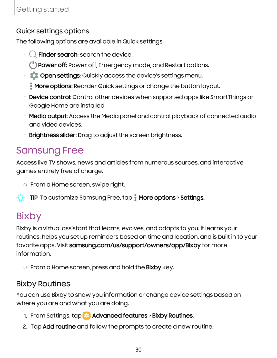 Quick settings options Bixby Routines