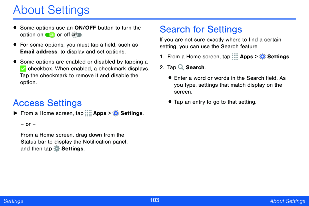 Access Settings Search for Settings