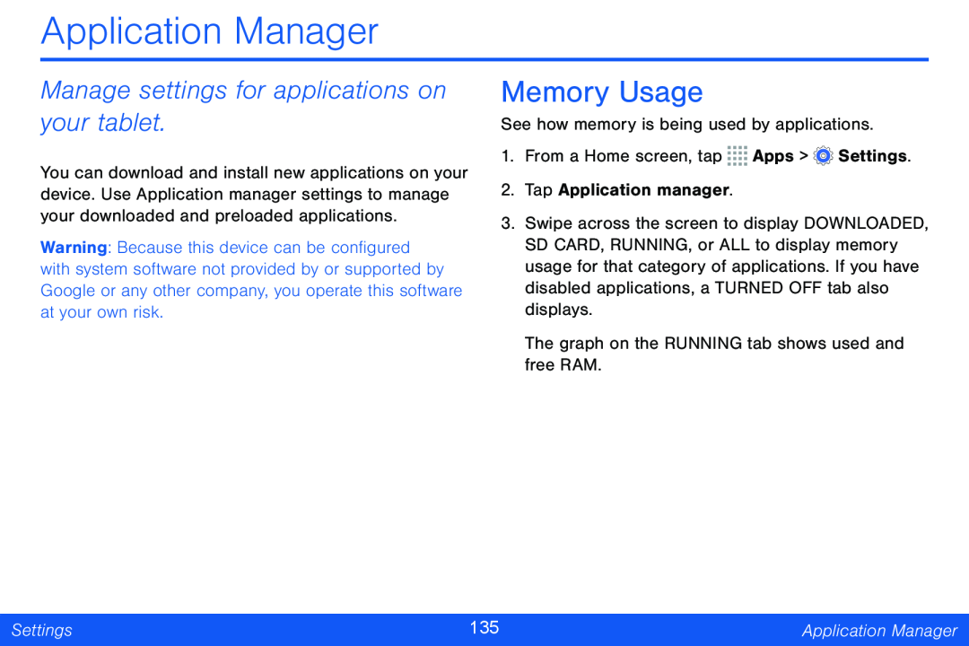 Manage settings for applications on your tablet Memory Usage