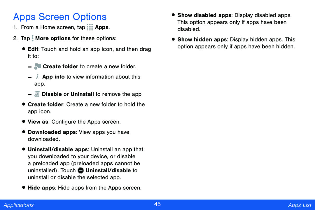 Apps Screen Options