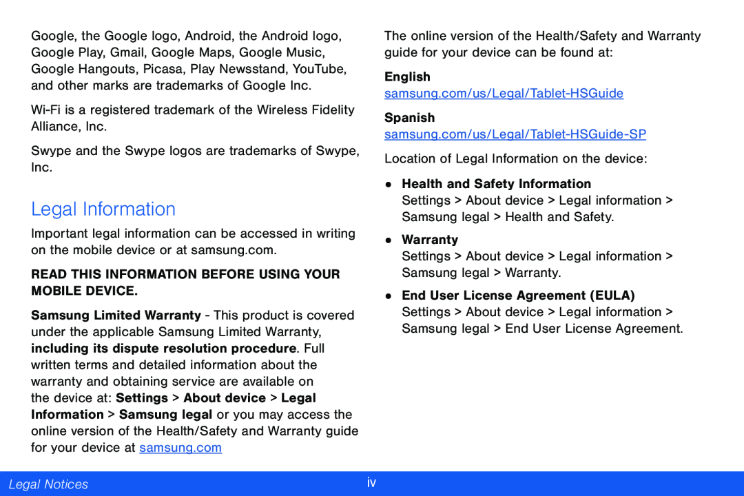 Legal Information Galaxy Note Pro 12.2 Verizon