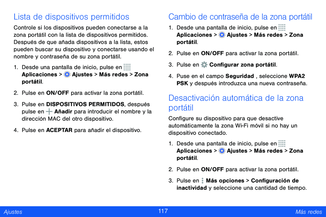 Cambio de contraseña de la zona portátil Lista de dispositivos permitidos