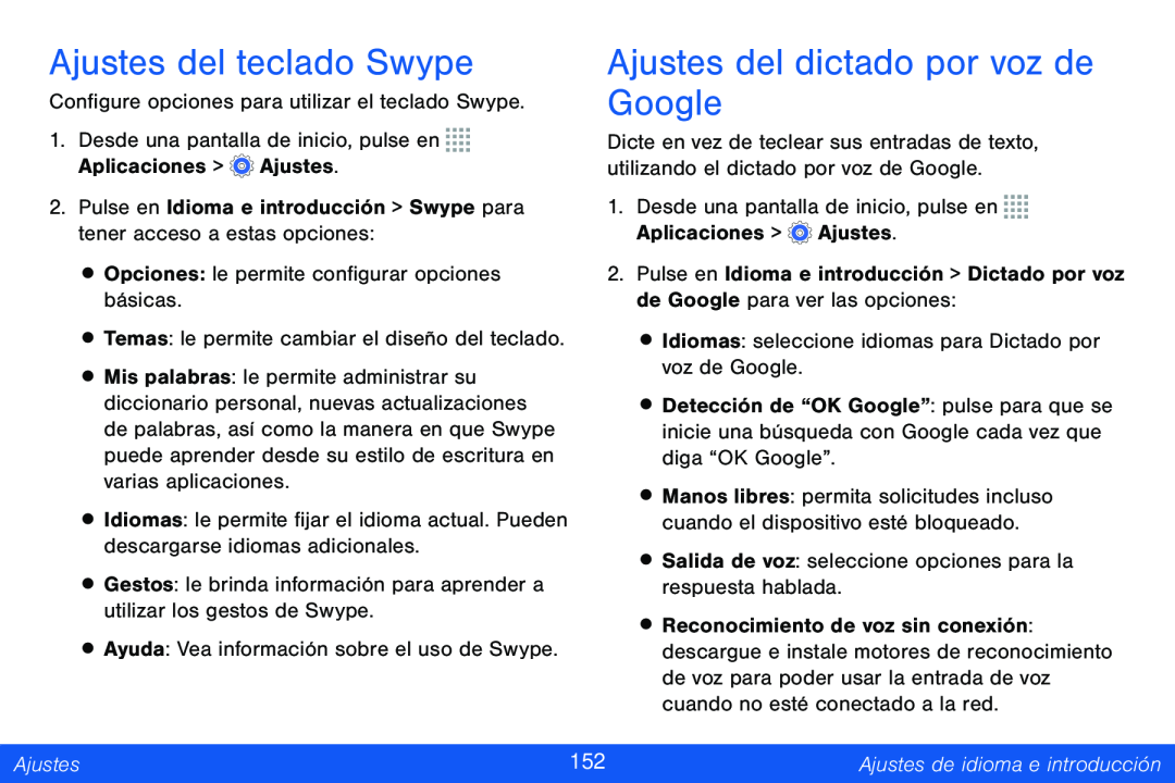 Ajustes del teclado Swype Ajustes del dictado por voz de Google