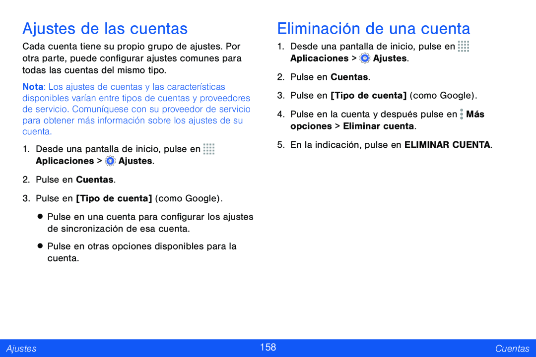 Ajustes de las cuentas Eliminación de una cuenta