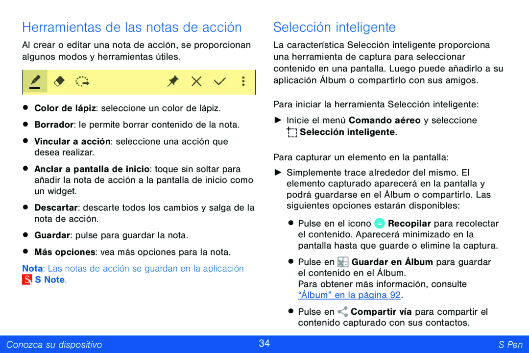 Herramientas de las notas de acción Selección inteligente