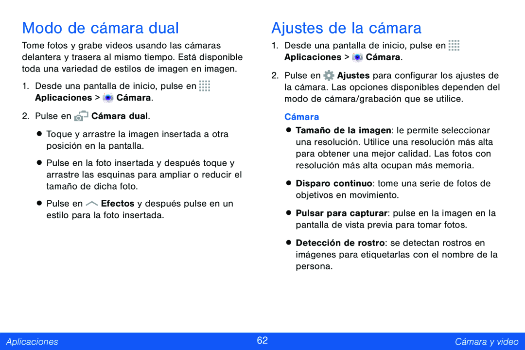 Modo de cámara dual Ajustes de la cámara