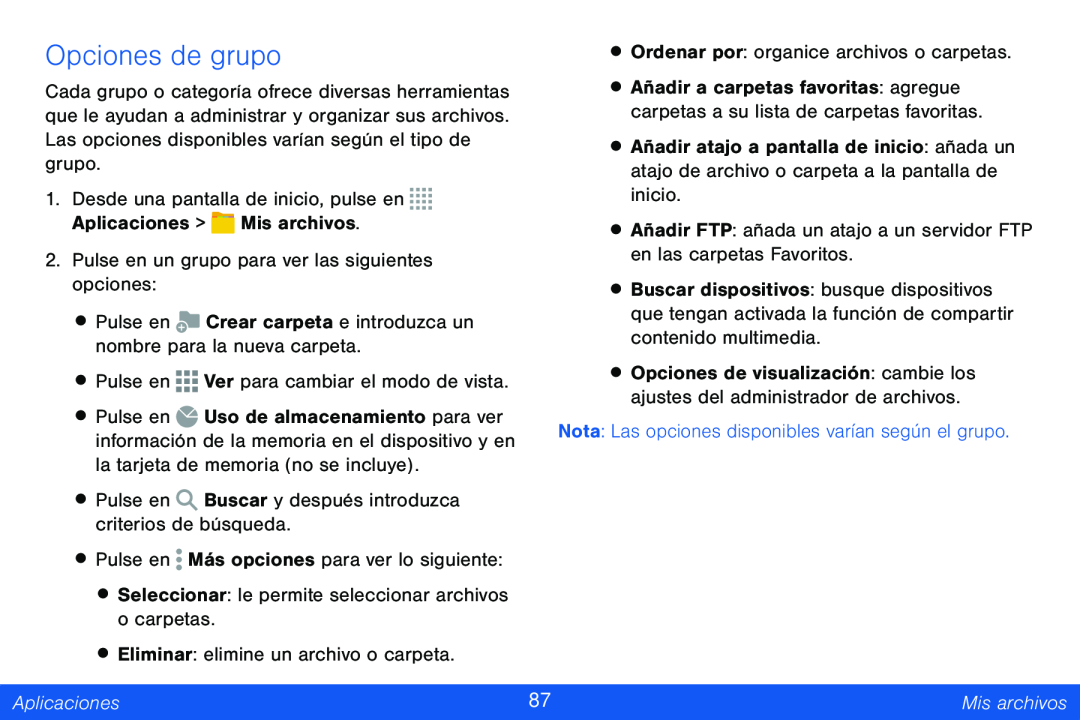 Opciones de grupo Galaxy Note Pro 12.2 Verizon