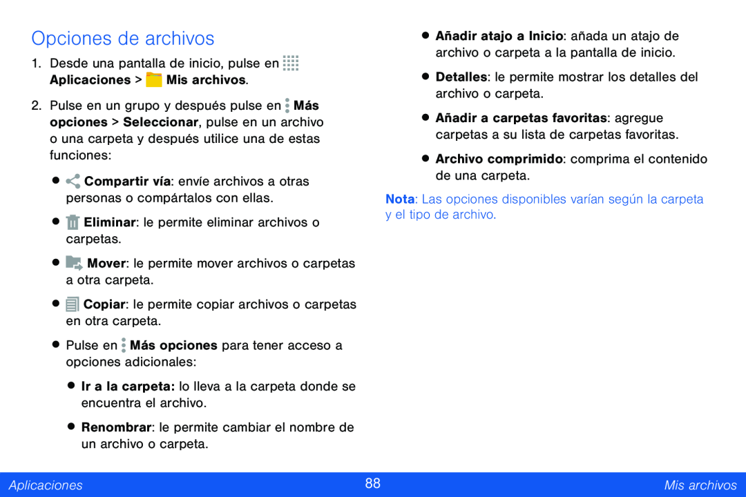 Opciones de archivos Galaxy Note Pro 12.2 Verizon