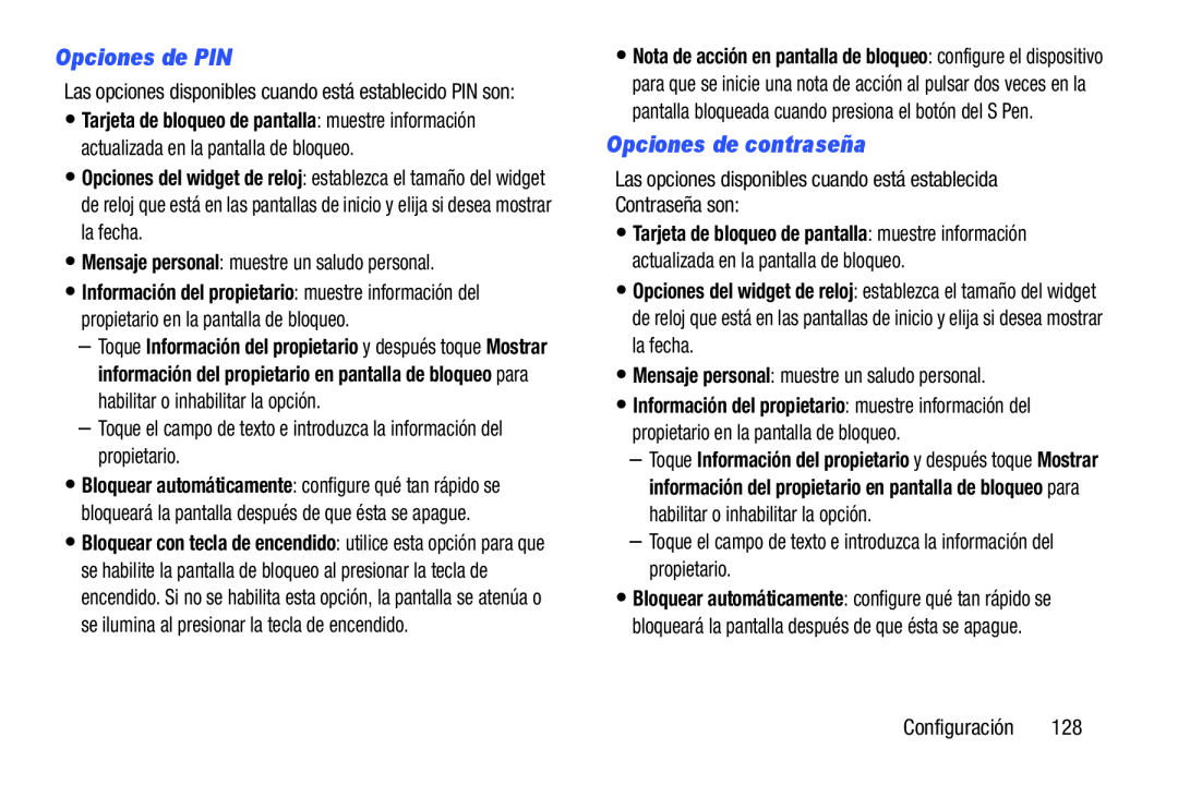 Opciones de PIN Opciones de contraseña