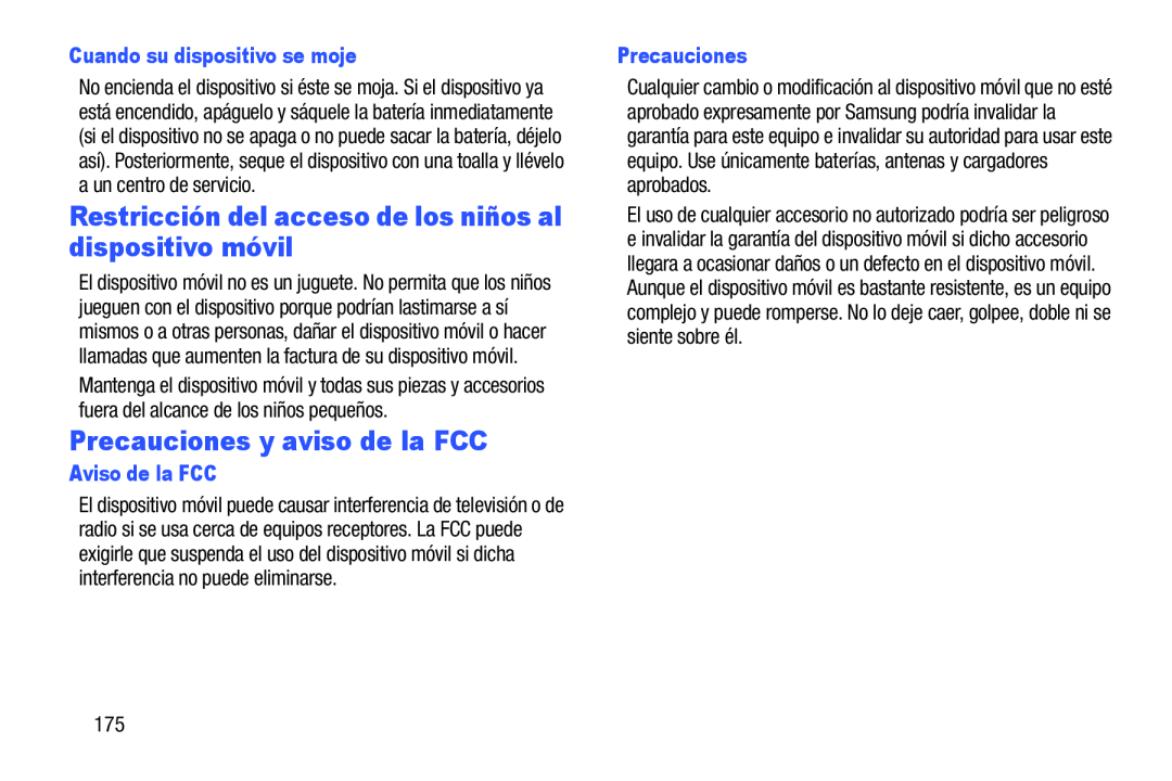 Restricción del acceso de los niños al dispositivo móvil Precauciones y aviso de la FCC