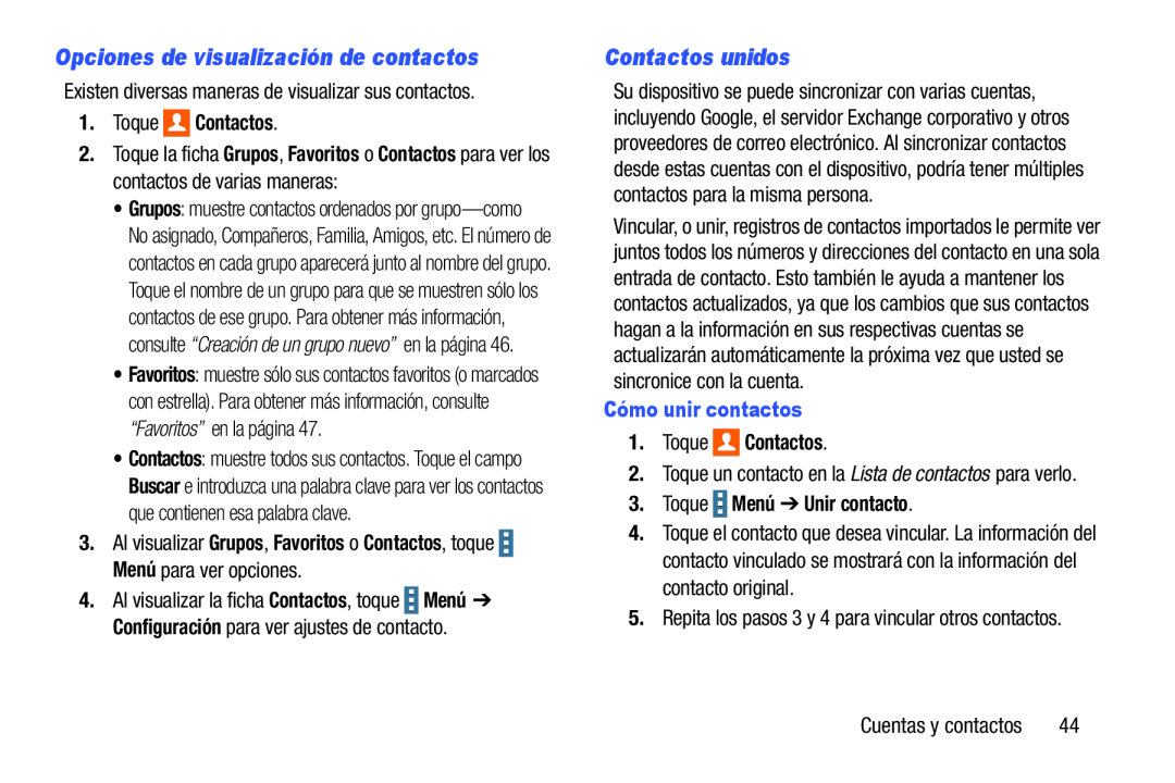 Opciones de visualización de contactos Contactos unidos