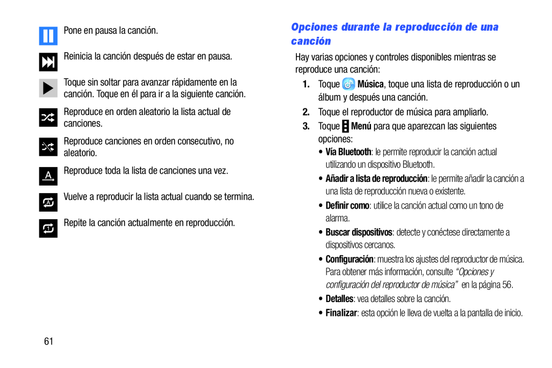 Opciones durante la reproducción de una canción Galaxy Note Pro 12.2 Wi-Fi