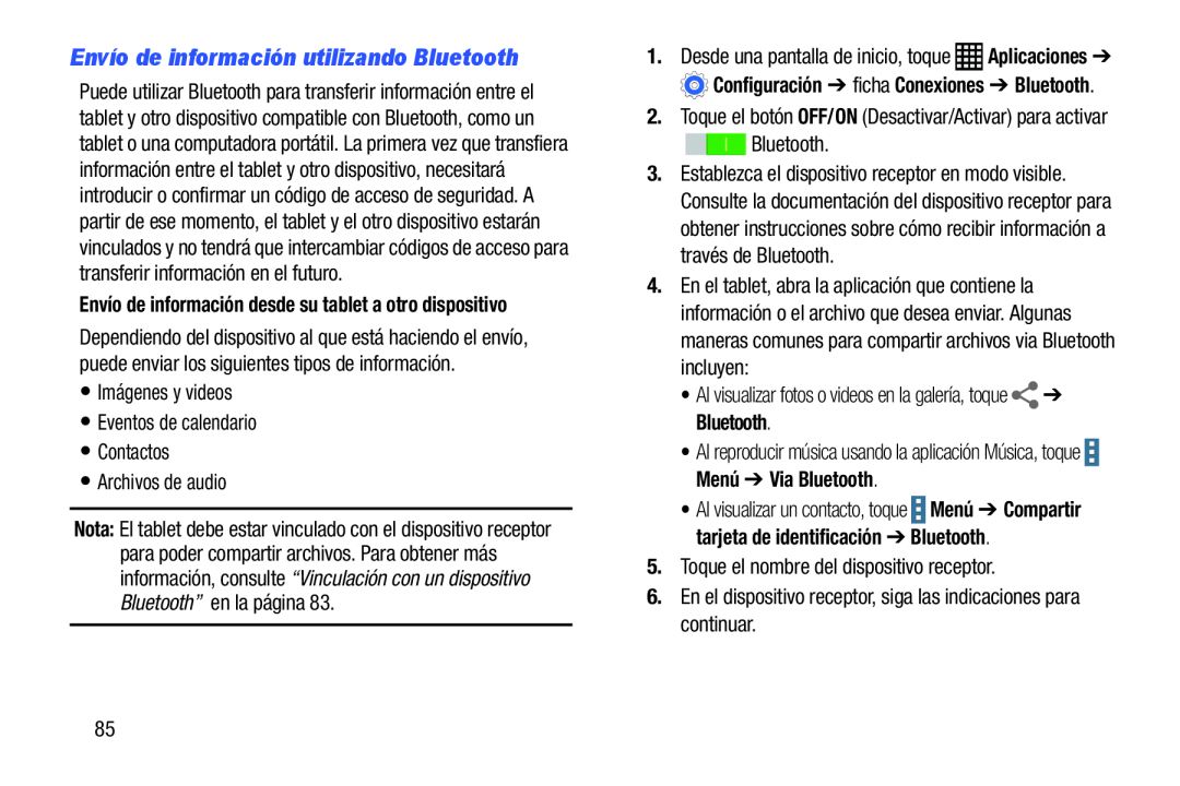 Envío de información utilizando Bluetooth Galaxy Note Pro 12.2 Wi-Fi