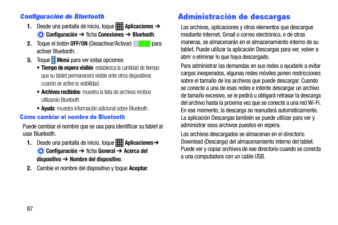 Configuración de Bluetooth Administración de descargas