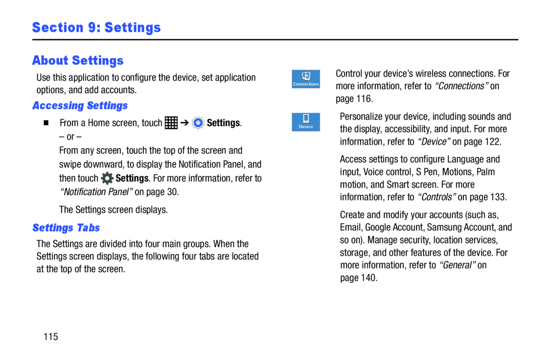 Accessing Settings Settings Tabs