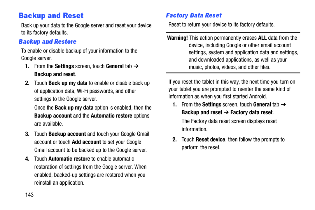 Backup and Restore Factory Data Reset