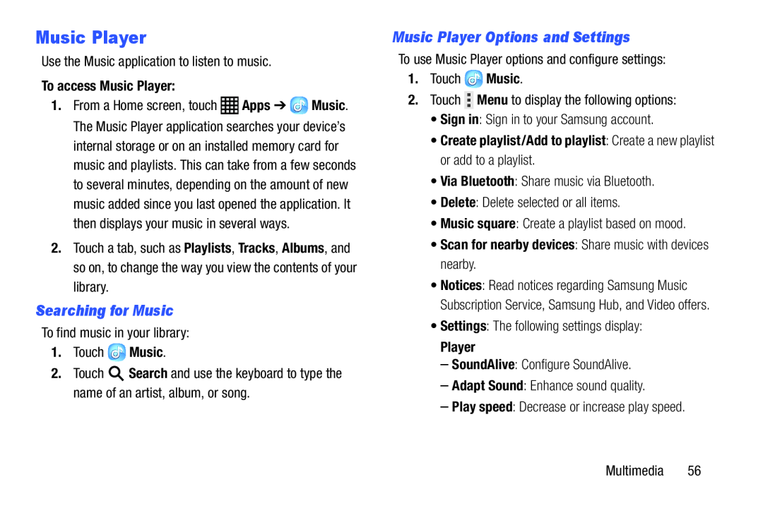 Searching for Music Music Player Options and Settings