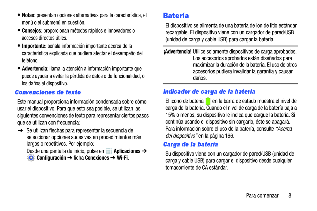 Convenciones de texto Indicador de carga de la batería