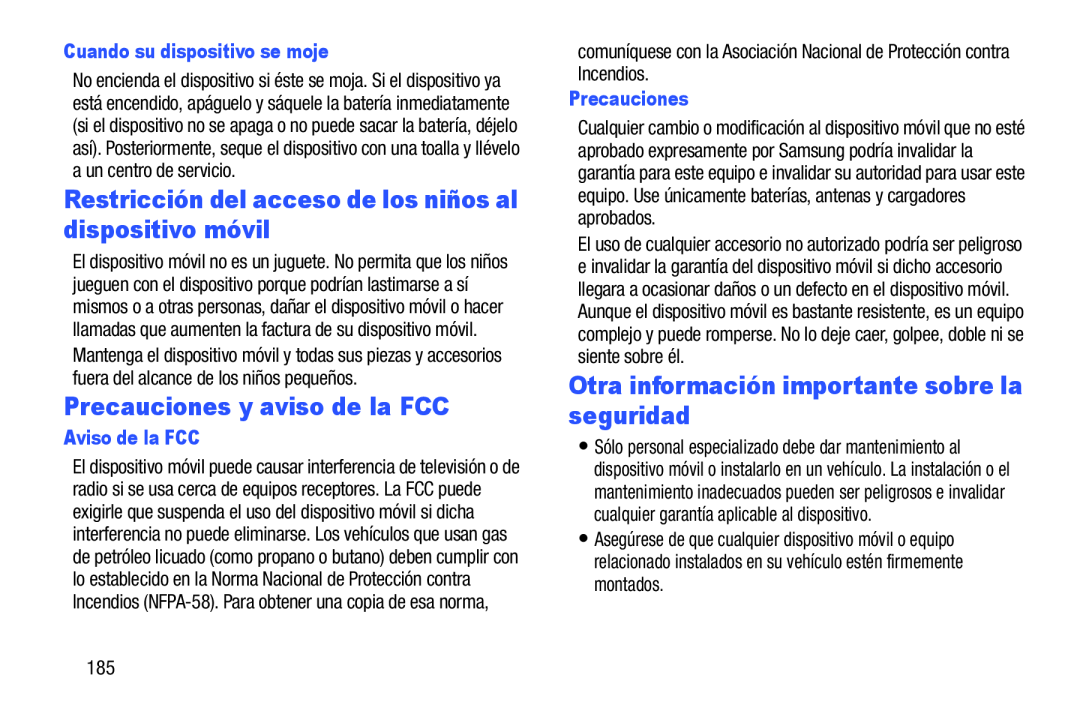 Restricción del acceso de los niños al dispositivo móvil Precauciones y aviso de la FCC