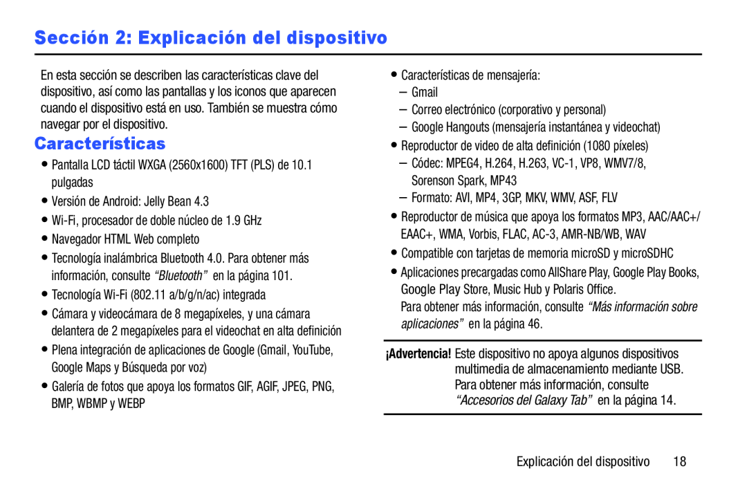 Sección 2: Explicación del dispositivo Galaxy Note 10.0 Wi-Fi