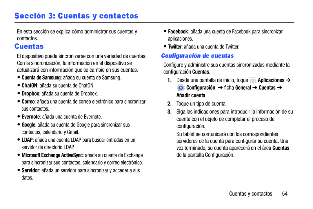 Sección 3: Cuentas y contactos Galaxy Note 10.0 Wi-Fi