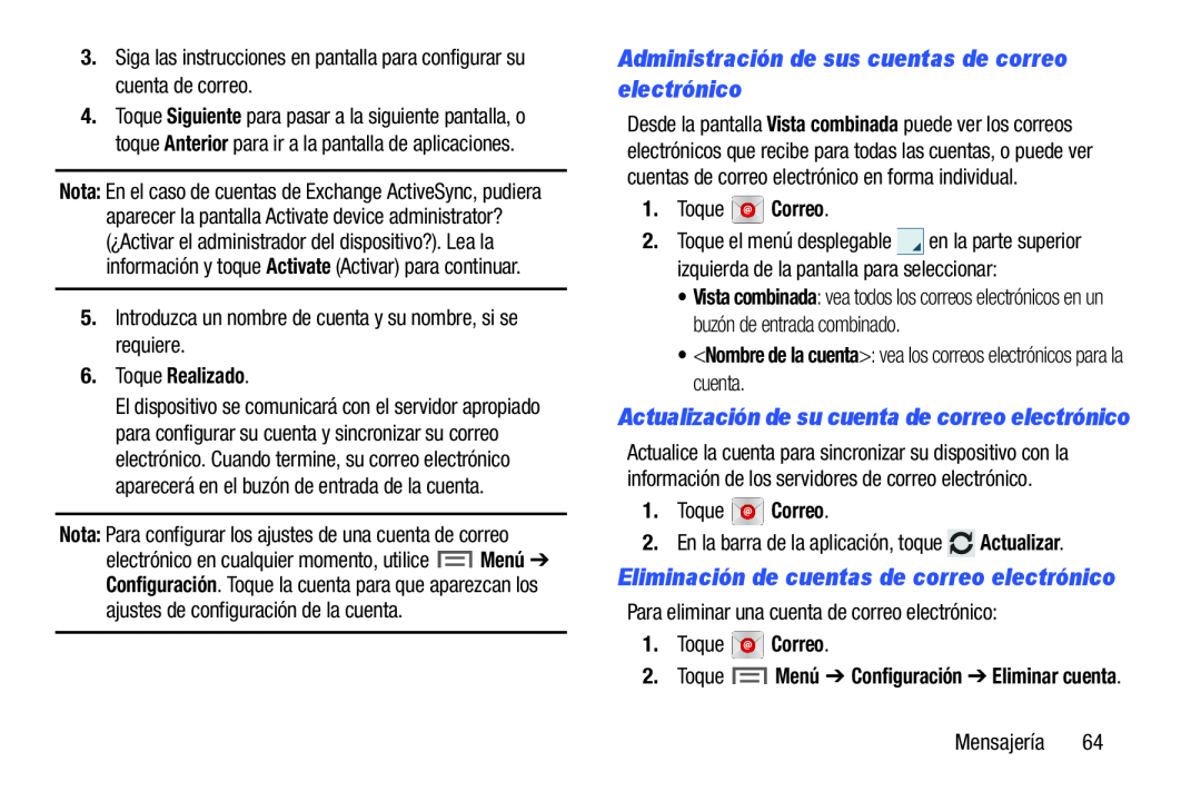 Administración de sus cuentas de correo electrónico Galaxy Note 10.0 Wi-Fi