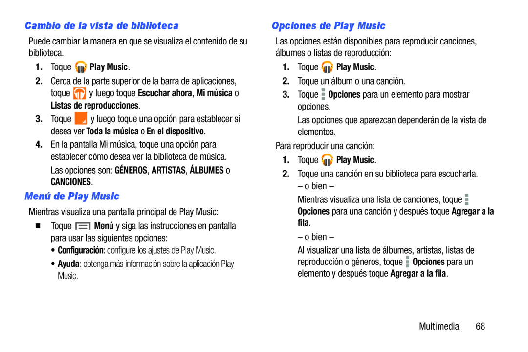 Cambio de la vista de biblioteca Menú de Play Music