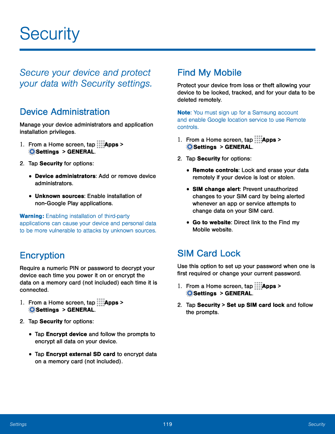 Secure your device and protect your data with Security settings Device Administration