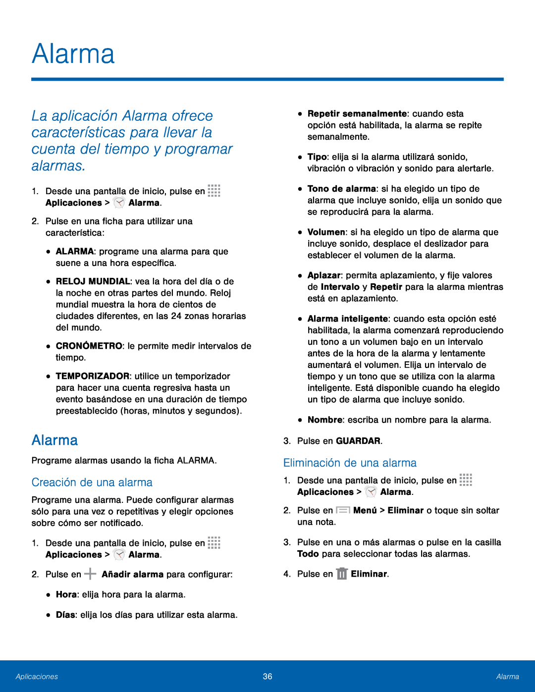 Creación de una alarma Eliminación de una alarma