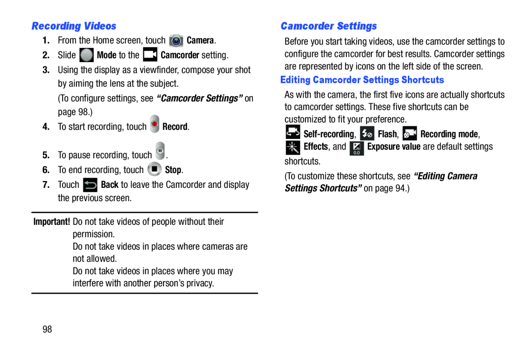 Camcorder Settings Galaxy Note 10.1 US Cellular