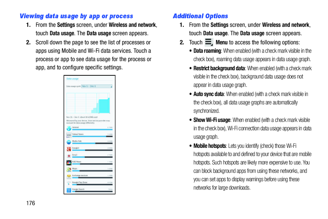 Viewing data usage by app or process Additional Options