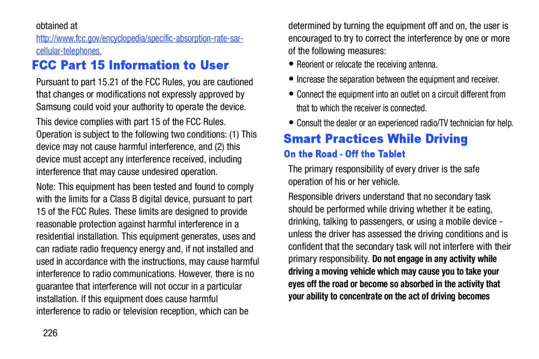 FCC Part 15 Information to User Smart Practices While Driving