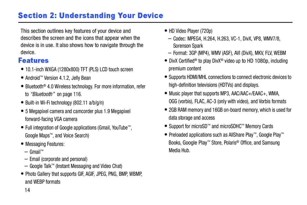 Features Galaxy Note 10.1 Verizon