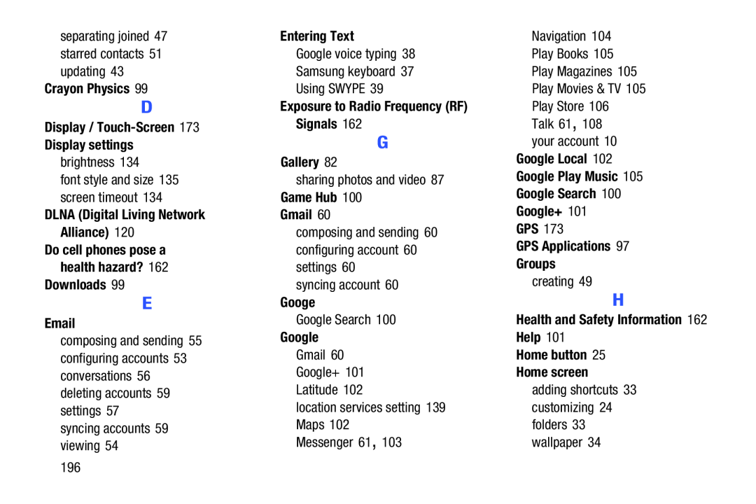 composing and sending 60 configuring account 60 settings Galaxy Note 10.1 Verizon