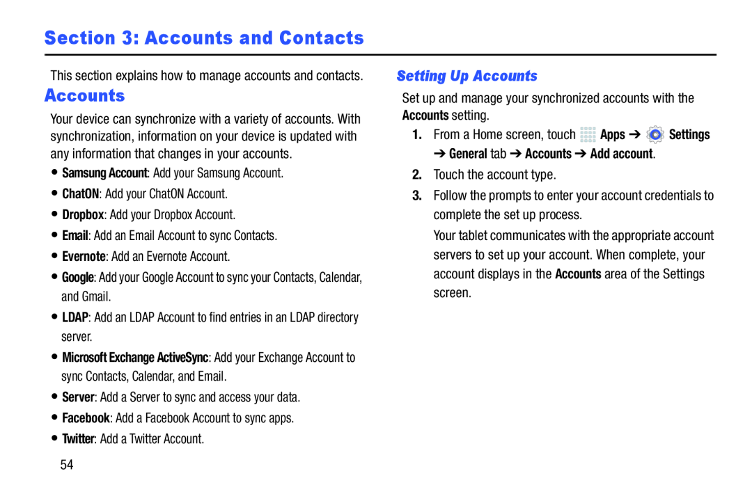 Section 3: Accounts and Contacts Galaxy Note 10.0 Wi-Fi