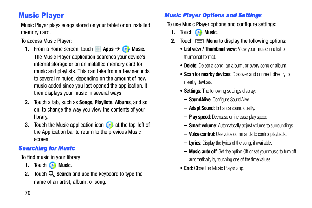 Music Player Options and Settings Galaxy Note 10.0 Wi-Fi