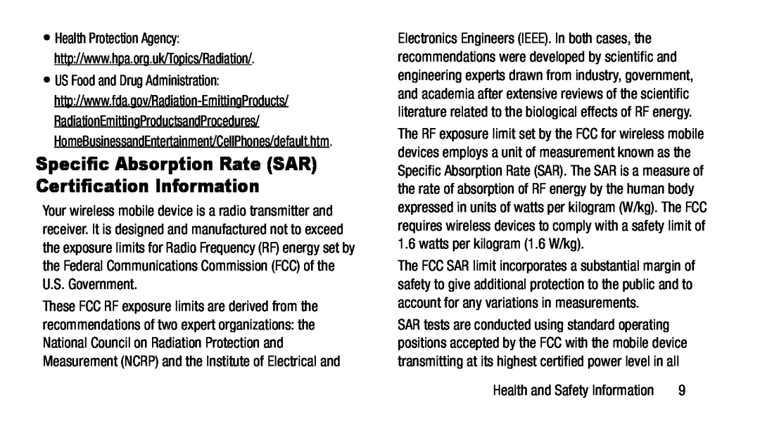 Specific Absorption Rate (SAR) Certification Information