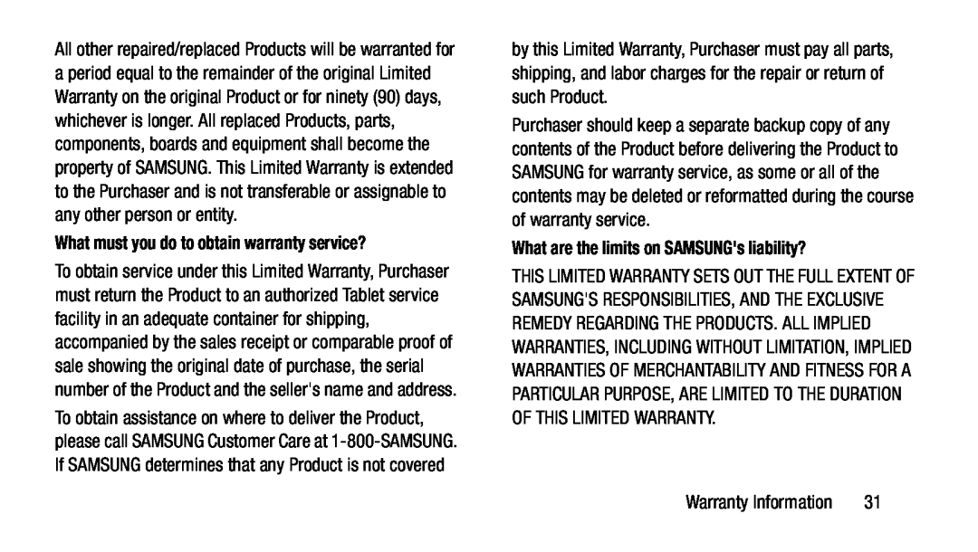 What must you do to obtain warranty service What are the limits on SAMSUNG's liability