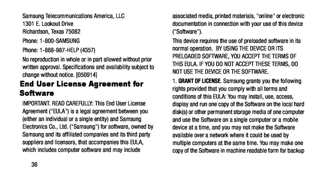 End User License Agreement for Software Galaxy Note 8.0 AT&T