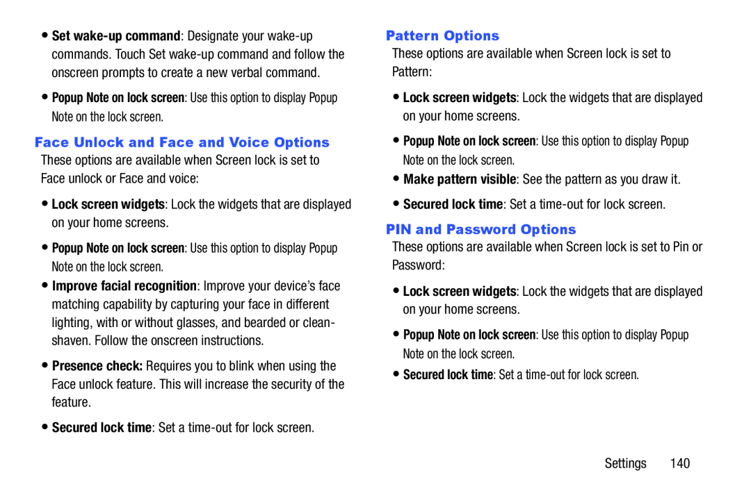 These options are available when Screen lock is set to Pattern: Galaxy Note 8.0 AT&T