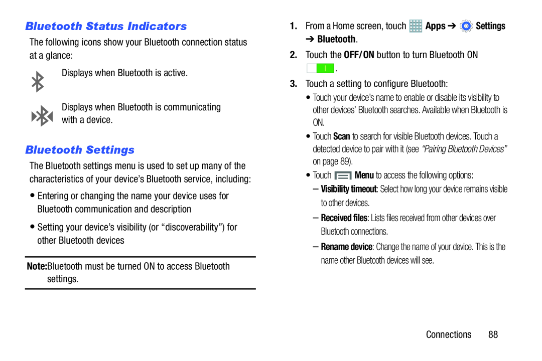 Bluetooth Status Indicators Bluetooth Settings