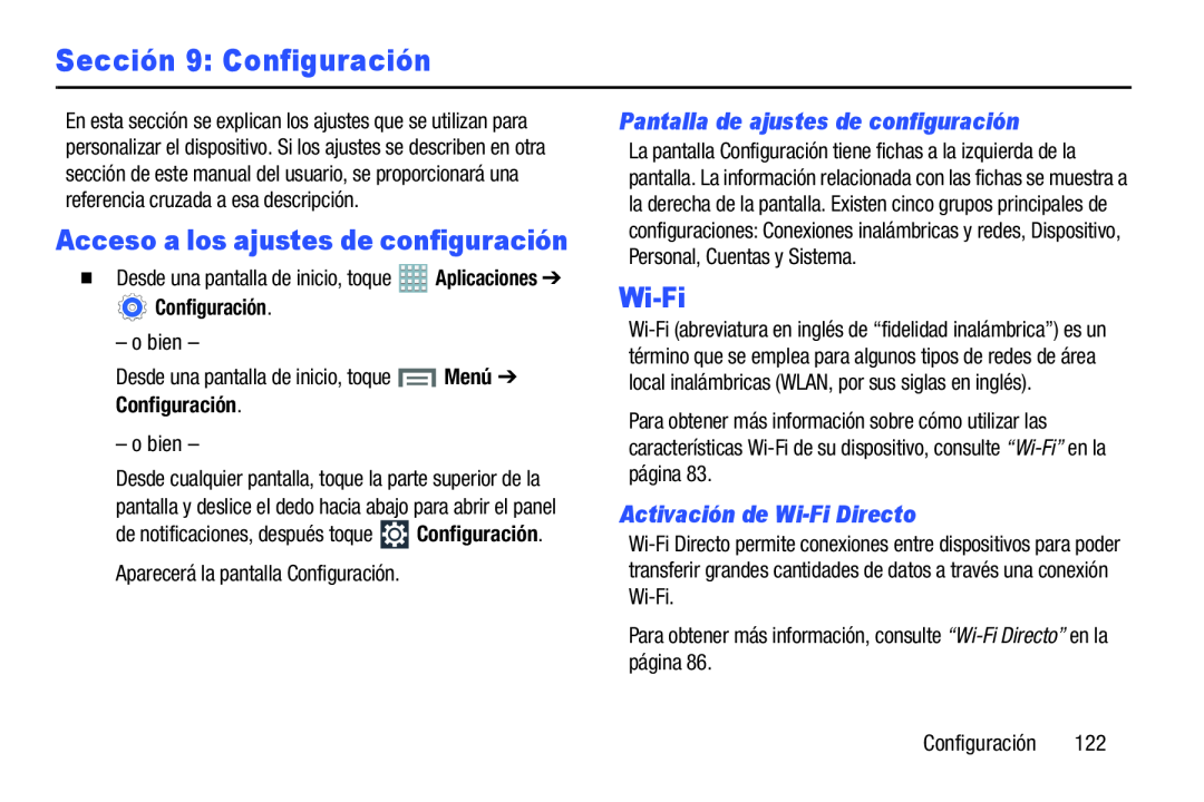 Pantalla de ajustes de configuración Activación de Wi-FiDirecto