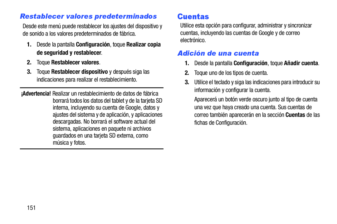 Restablecer valores predeterminados Adición de una cuenta