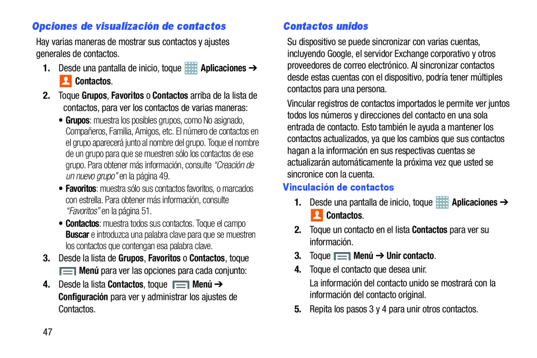 Opciones de visualización de contactos Galaxy Note 8.0 AT&T